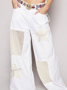 ✨ POL Raw Hem Star Patch Wide Leg Pants – Size Small ✨
